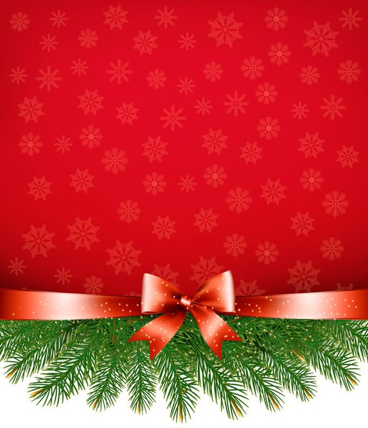 Red christmas background with ribbon and branches. Vector.