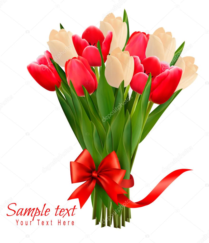 Holiday background with bouquet of colorful flowers with bow and