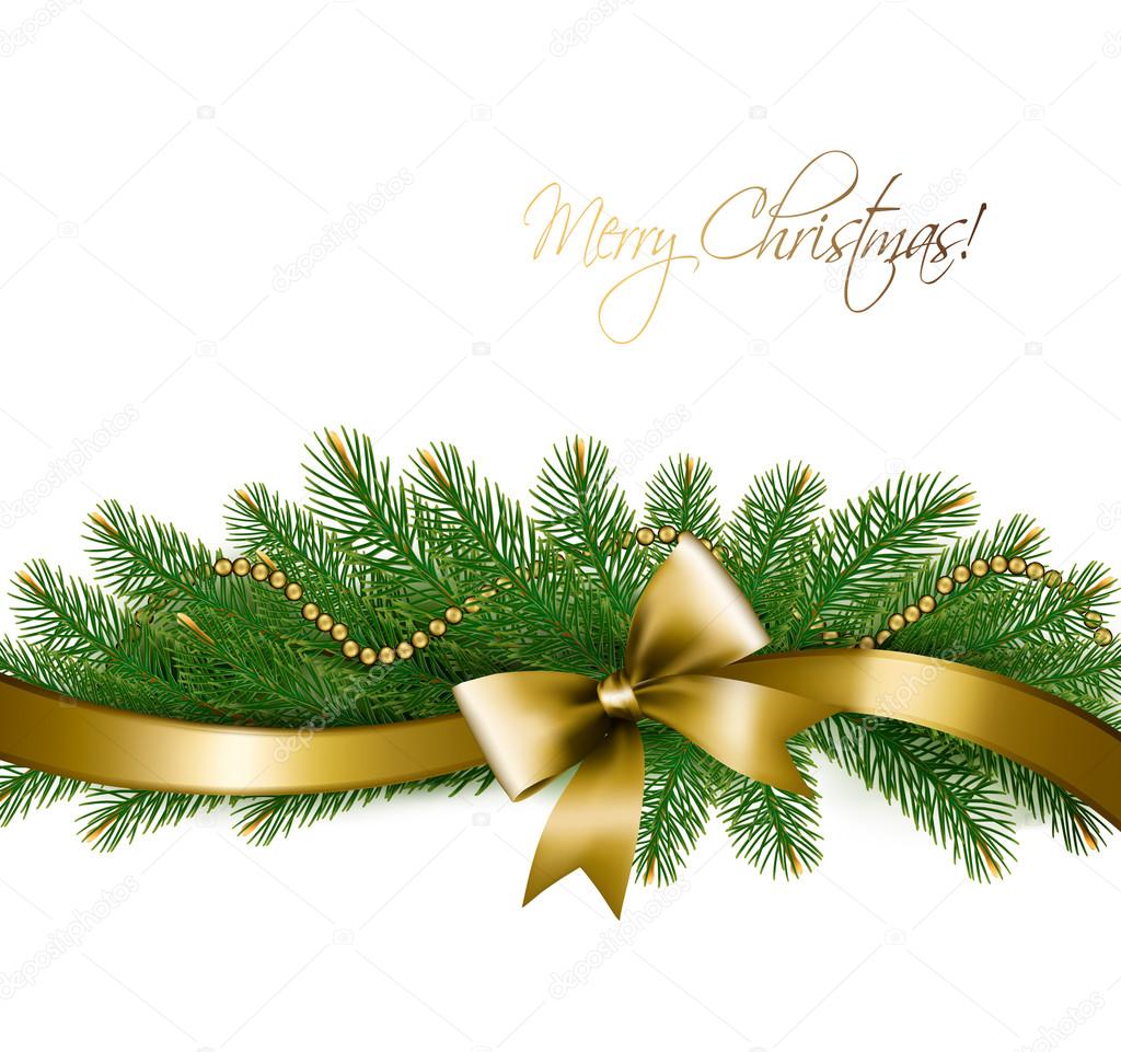 Christmas background with christmas tree branches and gold ribbo