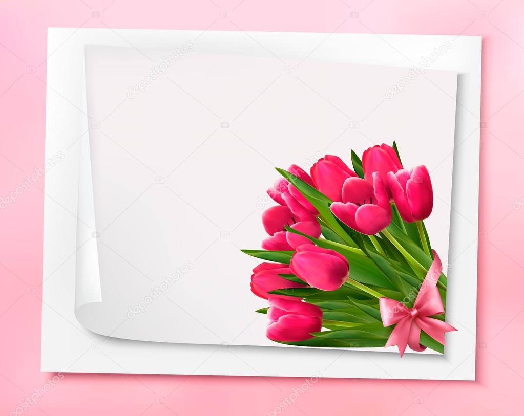 Holiday background with bouquet of pink flowers with bow and rib
