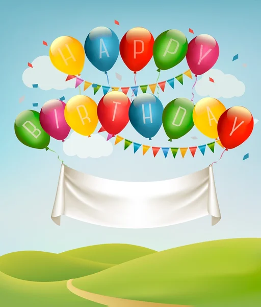 Gelukkige verjaardag banner met ballonnen en landschap. Vector. Vecto — Stockvector
