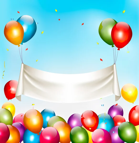 Holiday birthday banner with colorful balloons and confetti. Vec — Stock Vector