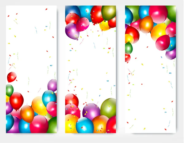 Tres pancartas de cumpleaños con globos. Vector . — Archivo Imágenes Vectoriales