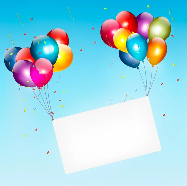 Colorful balloons holding up a cloth white banner. Birthday back Royalty Free Stock Vectors