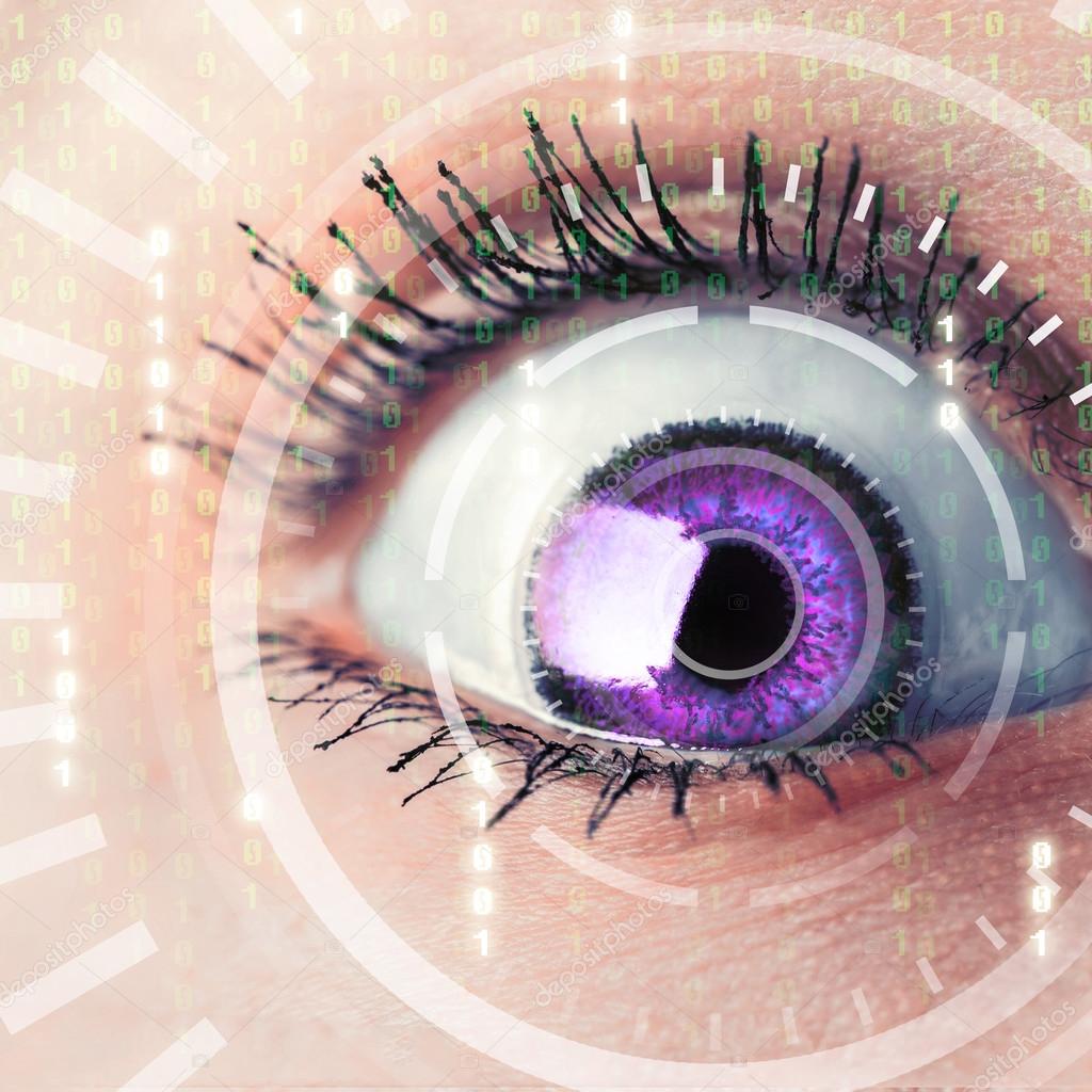 Future woman with cyber technology eye panel