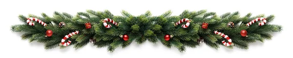 Christmas border frame of tree branches with red balls, pine cones and candies — Stock Photo, Image