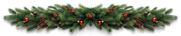 Extra wide Christmas border with fir branches, red balls, pine cones and other ornaments, isolated on white