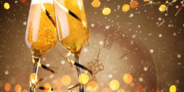 Two Glasses Champagne Toasting Golden Lights Gold Background — Stock Photo, Image