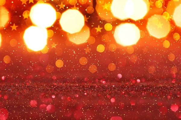Abstract Rode Glitter Achtergrond Met Gouden Lampjes Macro Shot — Stockfoto