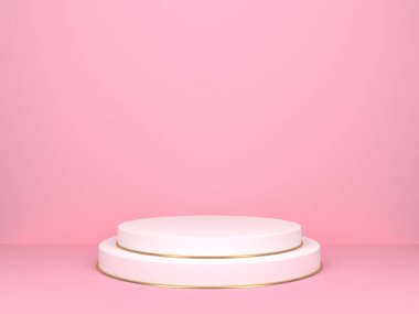 Pembe arka planda beyaz yuvarlak sahne. 3d oluşturma