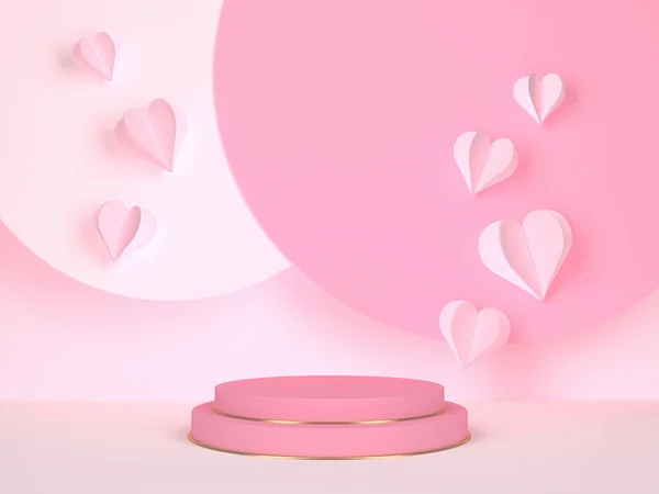 Pódio rosa com corações. Conceito de dia do casamento e dos namorados. Renderização 3d — Fotografia de Stock