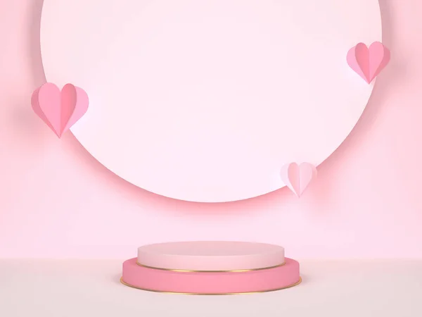 Roze podium met harten. Bruiloft en Valentijnsdag concept. 3d destructie — Stockfoto