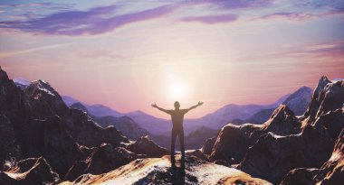 Özgür bir yürüyüşçünün silueti dağın tepesinde kollarını açıyor. 3d oluşturma