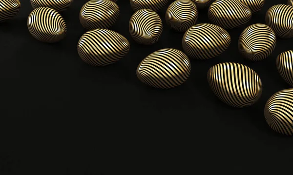 Conjunto de huevos dorados sobre fondo negro con espacio para copiar. renderizado 3d — Foto de Stock