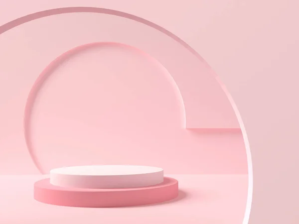 Pedestal σε ροζ χρωματιστό δωμάτιο με γεωμετρία εσωτερικό. 3d απόδοση — Φωτογραφία Αρχείου