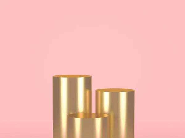 Três cilindros de ouro sobre fundo pastel. Renderização 3d — Fotografia de Stock