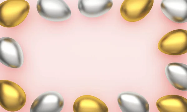Χρυσό, ασημί γυαλιστερά πασχαλινά αυγά σε ροζ παστέλ φόντο με χώρο για κείμενο. 3d απόδοση — Φωτογραφία Αρχείου