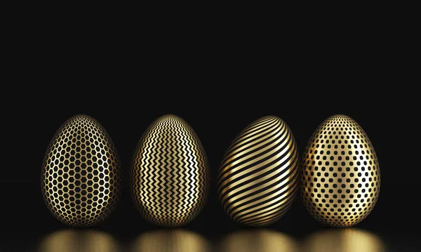 Wiersz złotych jaj na czarno. Renderowanie 3D — Zdjęcie stockowe