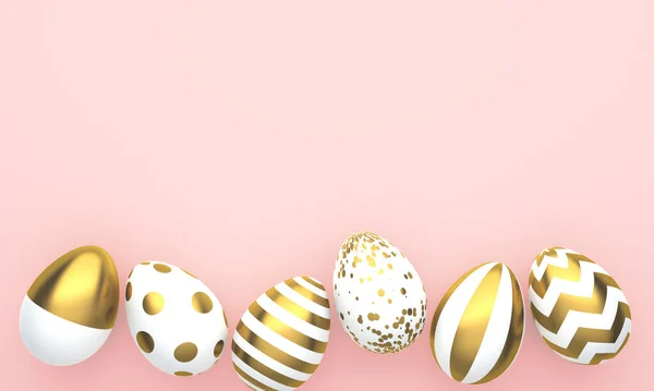 Flat Lay of Golden Easter Eggs in rij geplaatst op roze achtergrond. 3D-weergave — Stockfoto