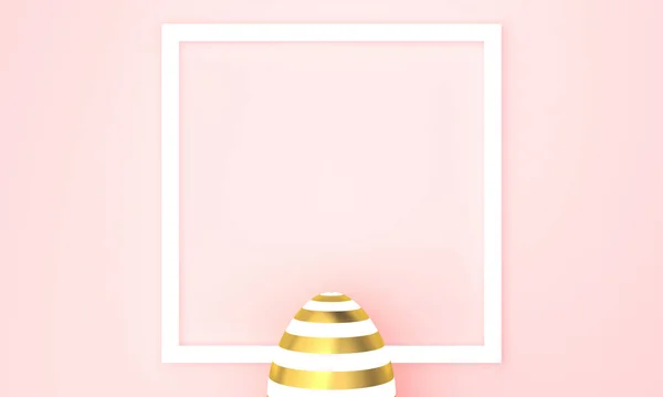 Œuf de Pâques doré sur fond pastel rose, cadre blanc avec espace pour le texte. Rendu 3D — Photo