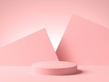 Arka planda pembe geometrik şekiller olan pembe boş bir platform. 3d oluşturma
