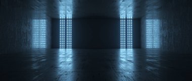 Işık ve yansıma arka planına sahip fütüristik boş karanlık oda. 3B görüntüleme.