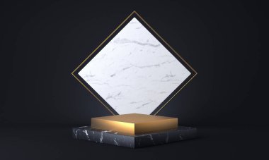 Kübik mermer ve altın kaide. 3B görüntüleme