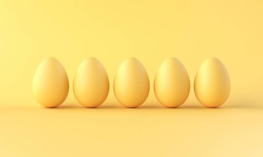 Sarı arka planda bir sıra yumurta. 3d oluşturma