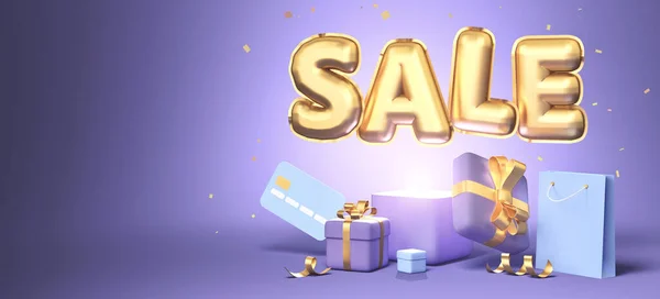 Rendering 3d di vendita promozione con regali, shopping bag e carta di credito su sfondo viola. rendering 3d Immagine Stock
