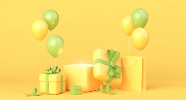 Sarı ve yeşil kompozisyonda hediye kutuları, balonlar ve alışveriş torbaları. 3d oluşturma