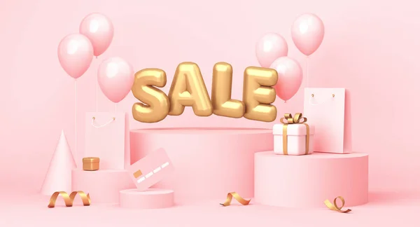 Poster di vendita con parole, palloncini, regali e alcuni elementi relativi allo shopping. rendering 3d Immagini Stock Royalty Free