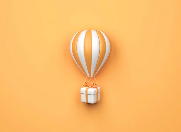 Balon Gorące Powietrze Pudełkiem Prezentów Pomarańczowym Tle Minimalny Styl Renderowanie — Zdjęcie stockowe