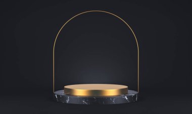 Siyah arka planda üç boyutlu koyu mermer ve altın kaide, yuvarlak altın çerçeve, soyut asgari konsept, boş alan, basit temiz tasarım, lüks minimalist model. 3d oluşturma