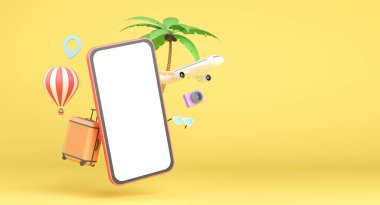 Seyahat nesneleri olan pembe akıllı telefon: uçak, hava balonu, güneş gözlüğü, kamera ve çanta. 3d oluşturma