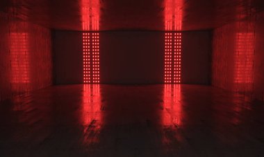 Yansıma arkaplanı olan fütürist koyu kırmızı podyum. 3B görüntüleme.