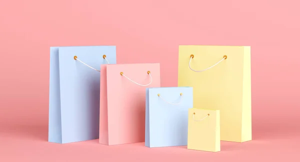 Коллекция сумок для покупок на розовом фоне. 3d-рендеринг — стоковое фото