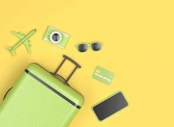플랫은 선글라스, 카메라, 스마트폰, 신용카드, 노란색 배경에 작은 비행기를 장착 한 녹색 가방을 들고 있다. 3d 렌더링 — 스톡 사진