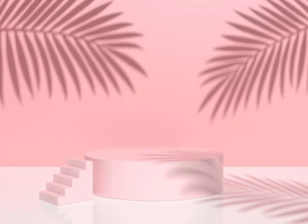 Minimal pink scene with geometric forms and shadow leaves. 3d rendering