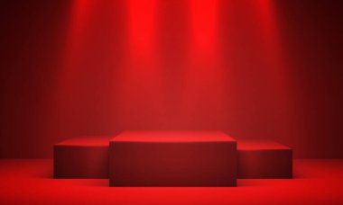 Kırmızı arkaplanı boşalt ve ekranda veya rafta dur. 3d oluşturma.