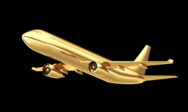 Avião dourado isolado em fundo preto. Renderização 3d. — Fotografia de Stock