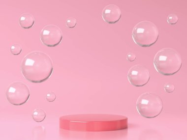 Pembe sahne, podyum ve cam kabarcıklar veya pembe stüdyoda küreler. 3d oluşturma