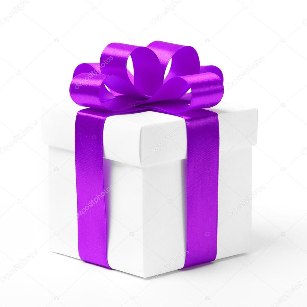 White gift box with purple ribbon bow