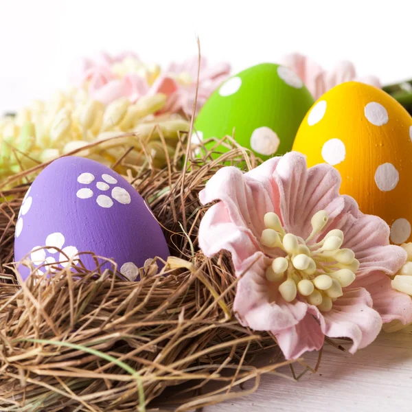 Paaseieren met lentebloemen — Stockfoto