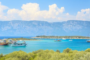 arka planda dağ turistik gemi