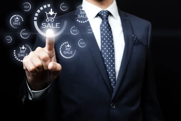 Business, technology, internet and networking concept - businessman pressing sales team button on virtual screens — Stock Photo, Image