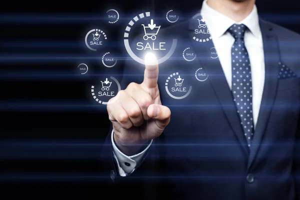 Business, technology, internet and networking concept - businessman pressing sales team button on virtual screens — Stock Photo, Image