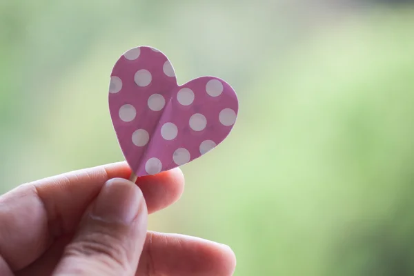 Holding pink polka dot heart — Stock Photo, Image