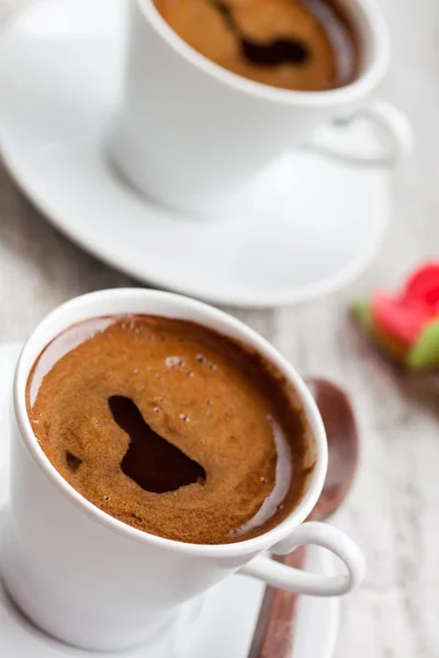 Two cups of Turkish coffee and spoon — Stock Photo, Image