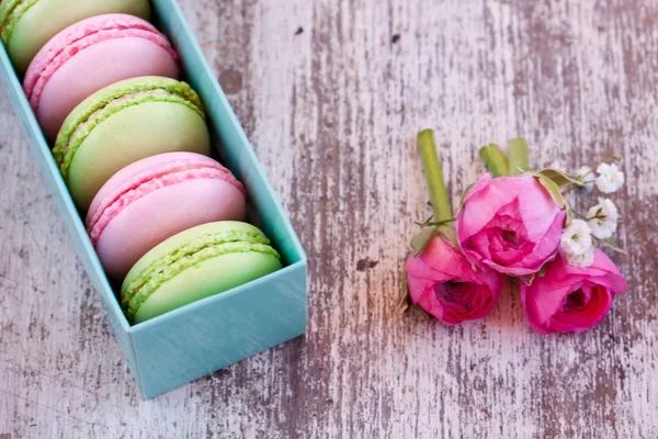 Colorful macaroons and roses — Stock Photo, Image