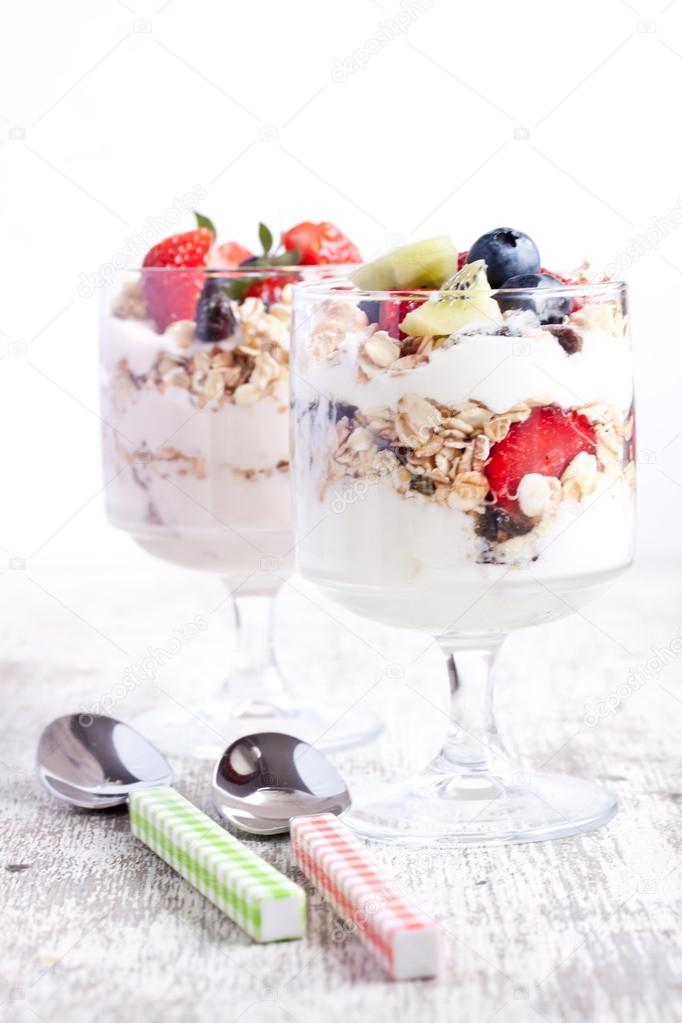Muesli with yogurt and fruits Stock Photo by ©Bernashafo 66755357